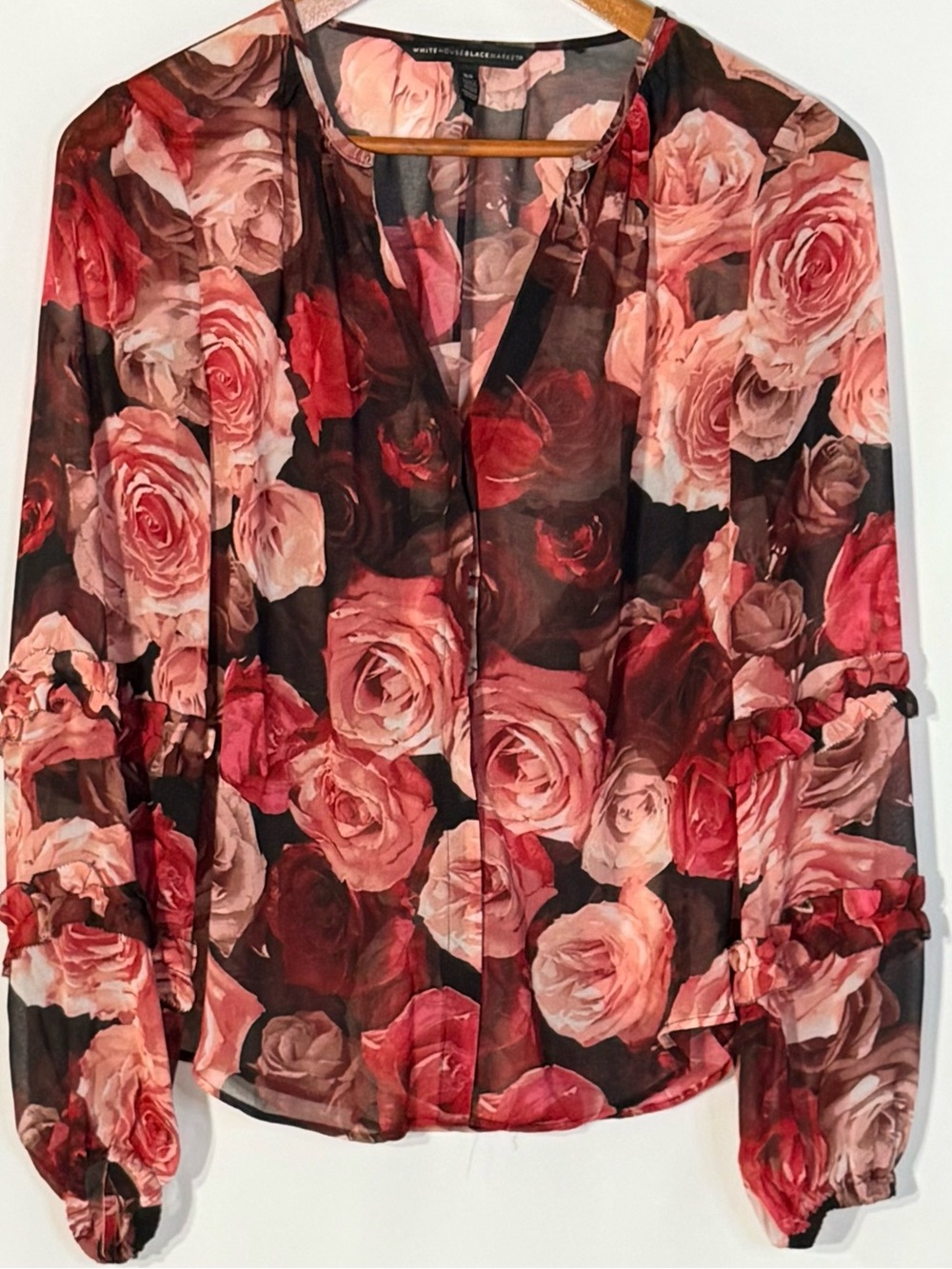 White House Black Market Sheer Rose Print Ruffle Sleeve Blouse XS